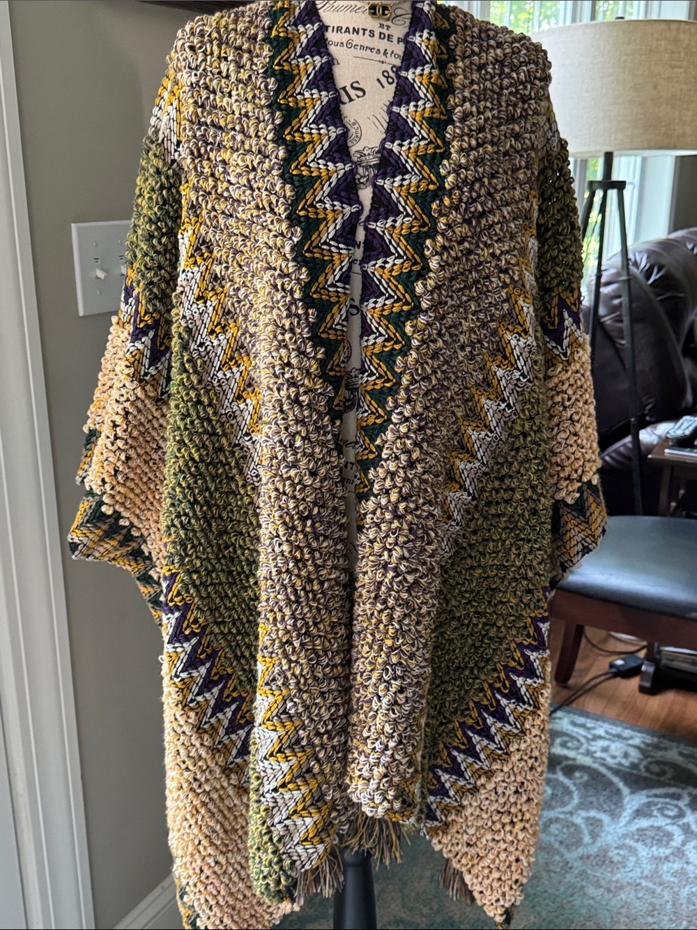 Multicolor Knit Poncho with Tassels